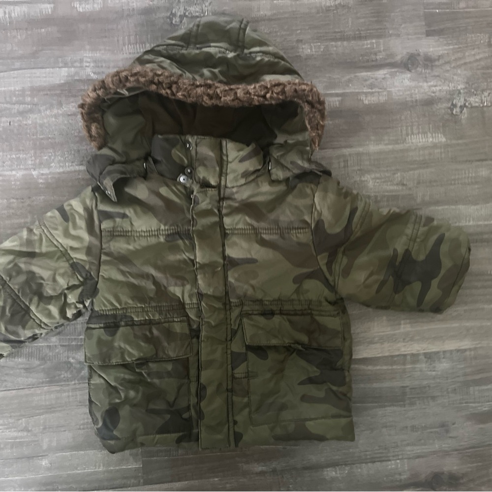 12 months Camouflage Hooded Jacket with Faux Fur Trim